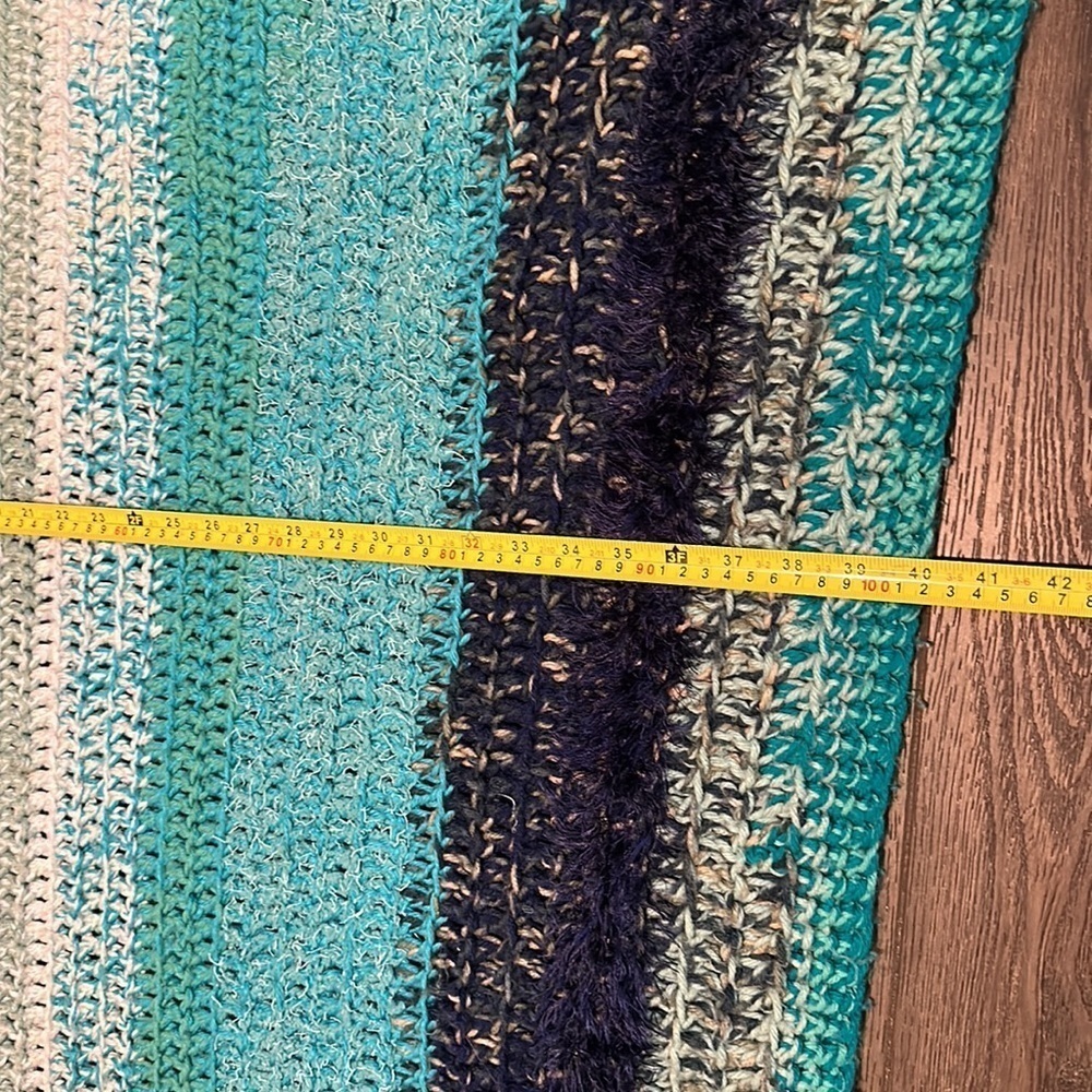Hand made crocheted striped shades of blue heavy knit throw small blanket - Picture 3 of 7